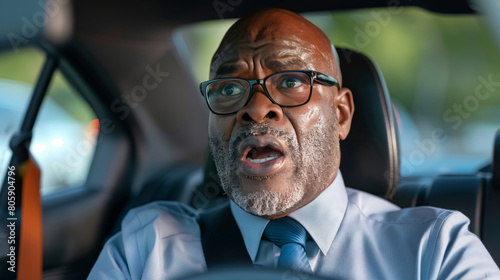 A man in a suit and glasses is driving a car and it is in shock. confused look, slightly overweight 55-year-old balck driving instructor wearing a tie, mouth-open
