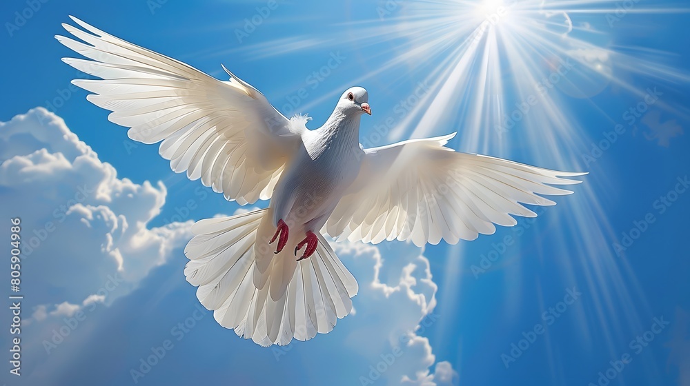 Fototapeta premium A white dove flaps its wings in the blue sky, with clouds and sunshine behind it. The picture is bright and clean, with a sense of freedom and calmness. White doves symbolize peace and tranquility