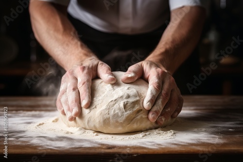 Baker's hands knead dough on the table in a bright kitchen 