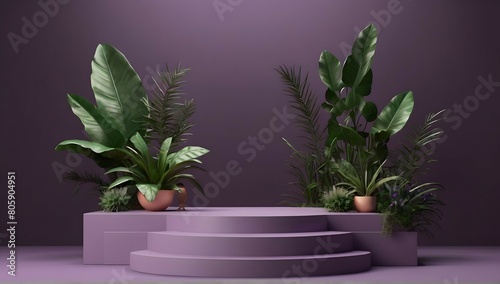 PSD modern podium with plants on purple background. 3d render podium