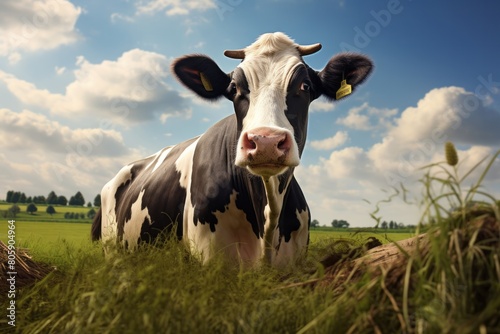 Funny close up portrait of a cow in a meadow on a wide angle camera