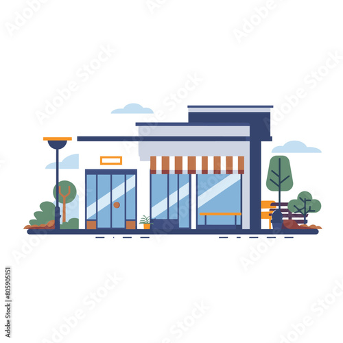 Modern storefront flat design bustling city street. Shop exterior urban landscape trees blue sky. Boutique front striped awning glass windows blue gray building