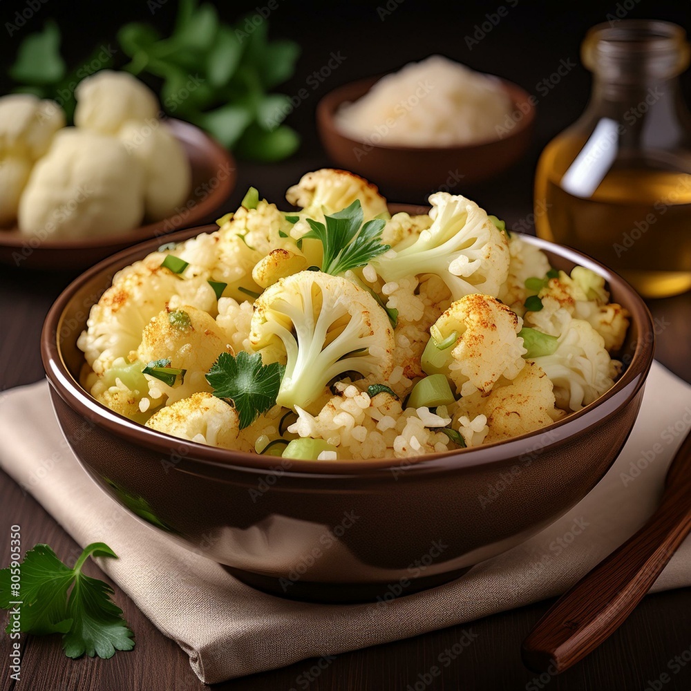 Stir Fried Cauliflower Rice in a Bowl Horizontal Stir Fried Cauliflower Rice in a Bowl Horizontal