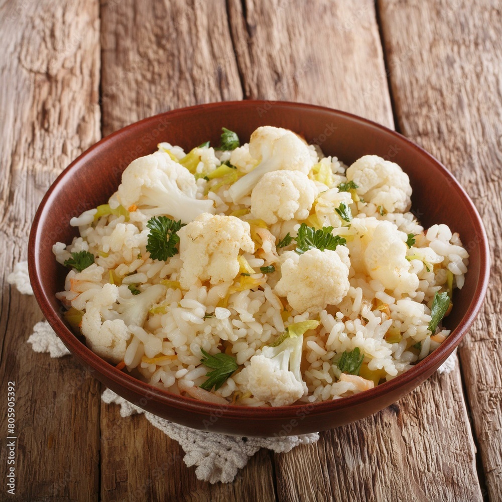 Stir Fried Cauliflower Rice in a Bowl Horizontal Stir Fried Cauliflower Rice in a Bowl Horizontal