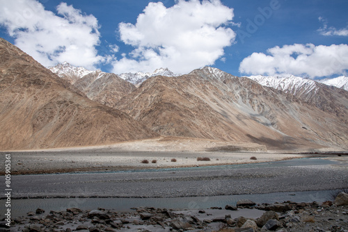 Snow-covered Himalayan peaks in the Shyok River valley in northern India near the Tibet border