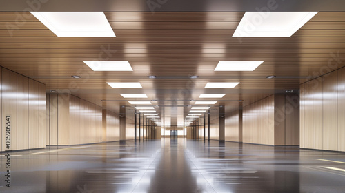 Spacious hall in a commercial building with light wood ceiling panels and a sleek gray floor.