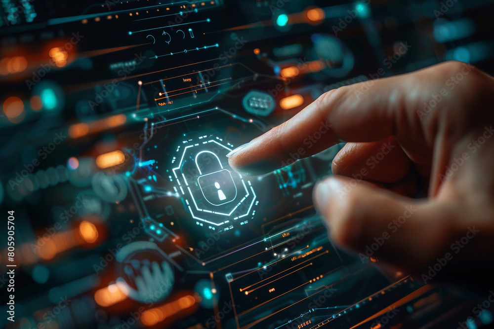 Index finger tapping lock icon represents cyber security, data protection, and privacy. It signifies safeguarding information in the digital realm amidst internet and technological advancements. Index finger tapping lock icon represents cyber security, data protection, and privacy. It signifies safeguarding information in the digital realm amidst internet and technological advancements.