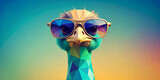 A stylized ostrich with a colorful geometric pattern and stylish sunglasses on its head stands in front of a gradient background. The sunglasses give the figure a playful, anthropomorphic character.AI