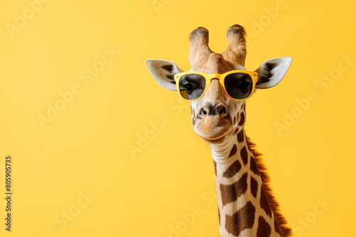 Giraffe with shades on yellow background, snout and head visible. Generative AI photo