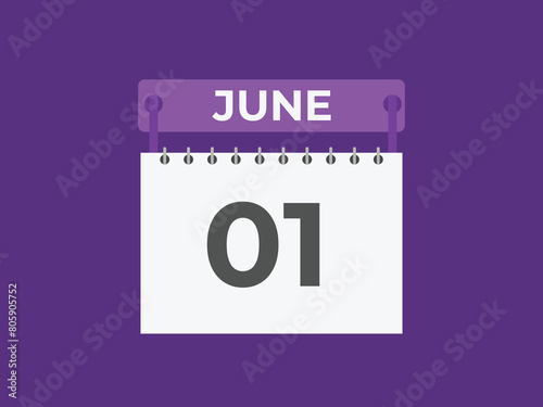 June 1 calendar reminder. 1 June daily calendar icon template. Calendar 1 June icon Design template. Vector illustration
