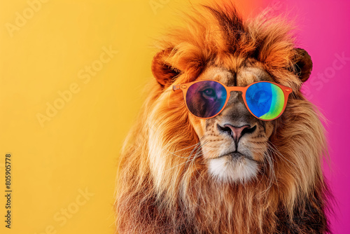 Carnivore organism Felidae liver lion wearing sunglasses on colorful background. Generative AI photo