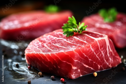 Appetizing raw tuna steak sprinkled with a mixture of peppers and a sprig of herbs on a wooden board. 