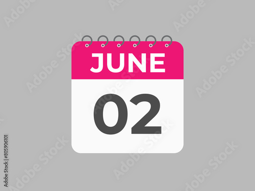 June 2 calendar reminder. 2 June daily calendar icon template. Calendar 2 June icon Design template. Vector illustration

