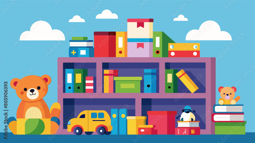 The local library hosting a secondhand toy drive with shelves overflowing with donated toys for children to choose from.. Vector illustration The local library hosting a secondhand toy drive with shelves overflowing with donated toys for children to choose from.. Vector illustration