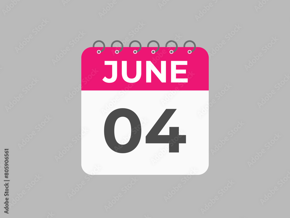 June 4 calendar reminder. 4 June daily calendar icon template. Calendar 4 June icon Design template. Vector illustration
June 4 calendar reminder. 4 June daily calendar icon template. Calendar 4 June icon Design template. Vector illustration