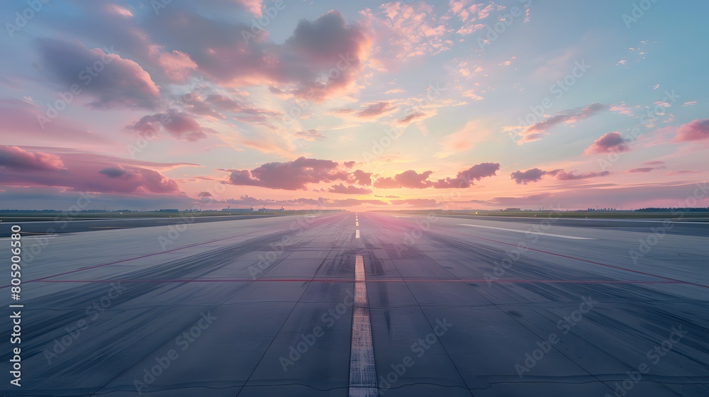 An empty airport runway at sunset, with a beautiful sky and clouds in the background. This scene evokes tranquility and solitude, creating a serene atmosphere