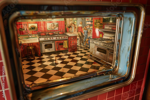 Inside look from an oven onto a bustling kitchen scene with red decor and checkered flooring.