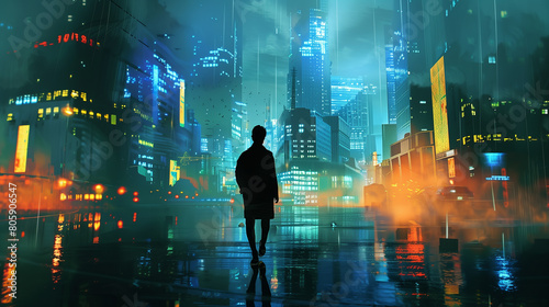 Silhouette in Virtual Reality City - A lone silhouette walks in a digitally enhanced city, depicting themes of future urban life and virtual reality. 