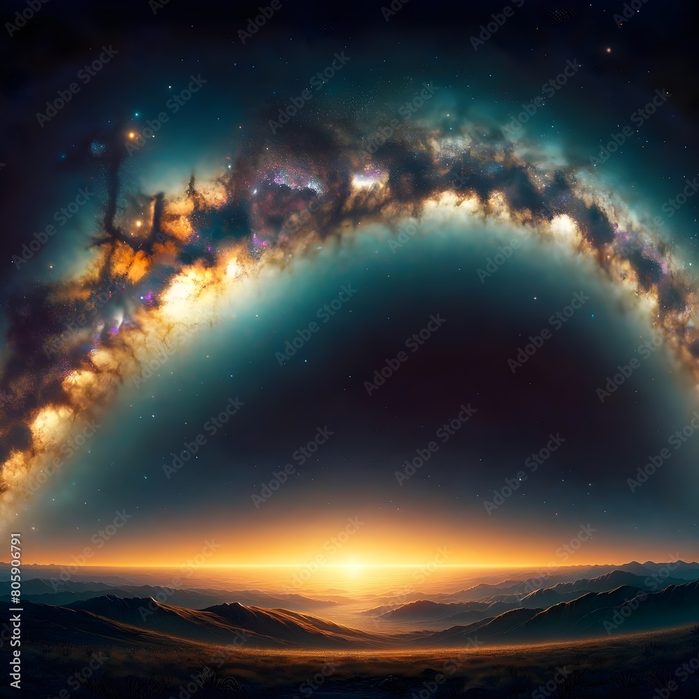 Fototapeta premium Milky Way Arc, illustration, abstract, artwork, night sky, galaxy, night sky, cosmos, wallpaper, background, astronomy, planet, horizon