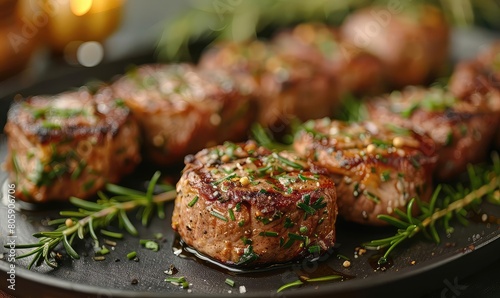 Tender and juicy beef tenderloin medallions, grilled to perfection and seasoned with a blend of aromatic herbs. A delicious and elegant main course for any occasion. photo