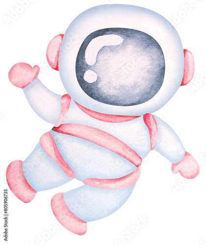 Cute astronaut cartoon.Space adventure.Hand painted with watercolor.Galaxy and science.