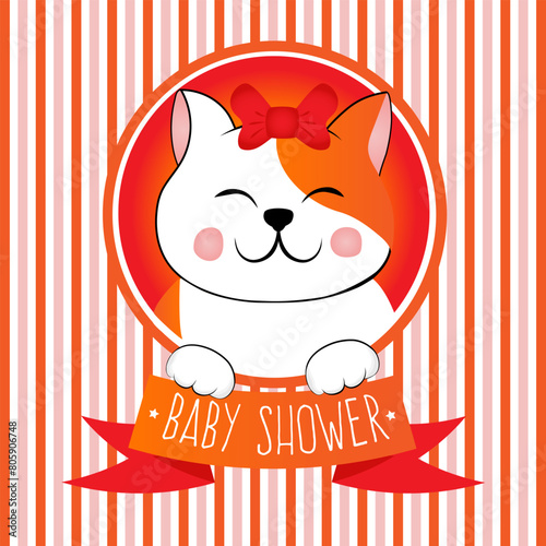 Baby shower with orange and white strips and little cat, kitten. Design for girl party.