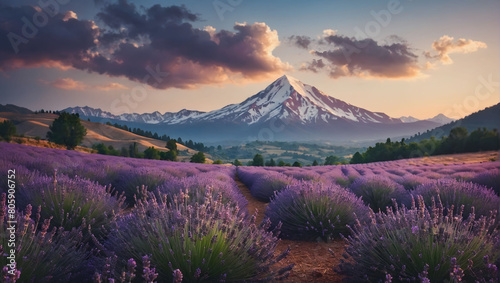 Lavender Mountain Landscape with Clouds