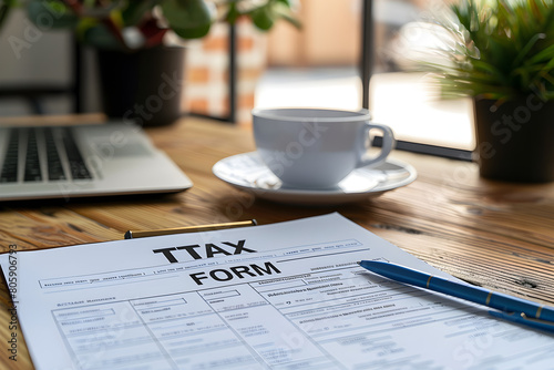 A tax form is placed on a table with some stationaries and a cup of coffee photo