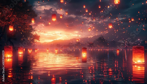 A beautiful lakeside scene with paper lanterns floating on the water and flying into the night sky