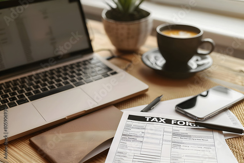 A tax form is placed on a table with some stationaries and a cup of coffee photo