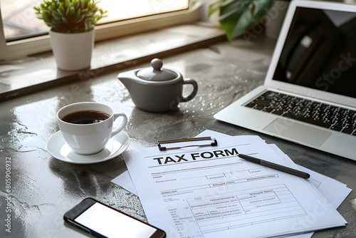 A tax form is placed on a table with some stationaries and a cup of coffee
