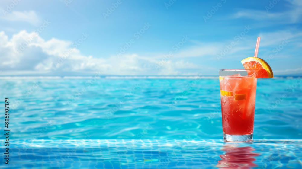Obraz premium Refreshing summer drink on the edge of a bright blue swimming pool, clear day
