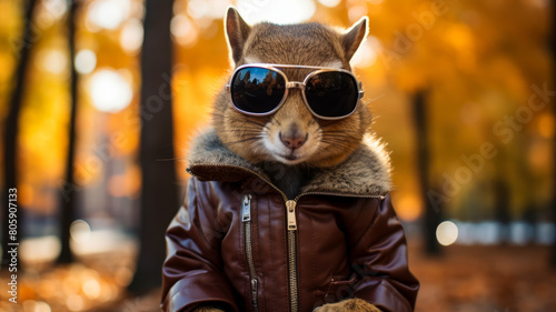 Envision a suave squirrel in a leather jacket, accessorized with aviator sunglasses photo