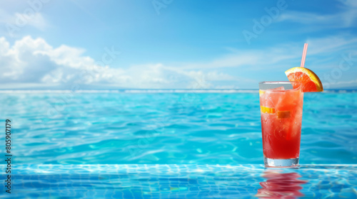 Refreshing summer drink on the edge of a bright blue swimming pool, clear day