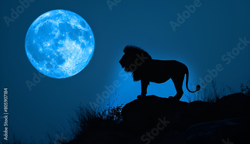 Silhouette of a lion with blue full moon at night 