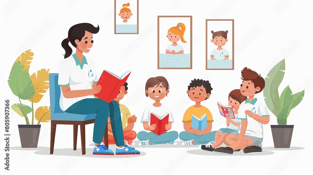 Children s storytelling hour in hospital in flat design, a volunteer reading books to a group of attentive kids Children s storytelling hour in hospital in flat design, a volunteer reading books to a group of attentive kids
