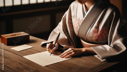 和室で手紙を書く着物の日本人女性