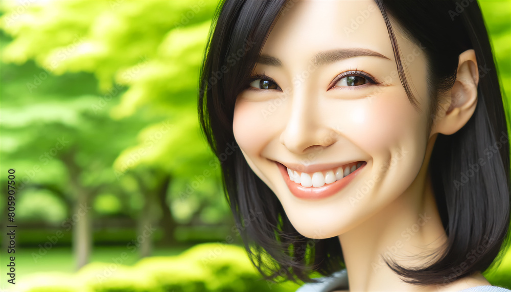 Fototapeta premium 緑の公園で笑顔で微笑む日本人女性