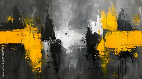 Abstract gray and yellow painting, with blurred brushstrokes. The background is dark grey, creating an atmosphere of mystery or melancholy.