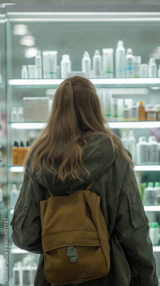 Obraz premium A blond woman with a backpack browses shelves in a pharmacy. Generative AI