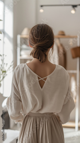 A woman in formal wear standing in a room with a beige skirt and white blouse. Generative AI