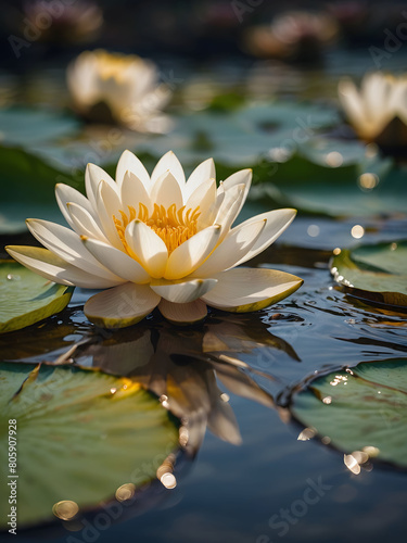 Lotus in Gold  Ethereal White Water Lily Blossoming in a Pond Gleaming with Golden Hues.