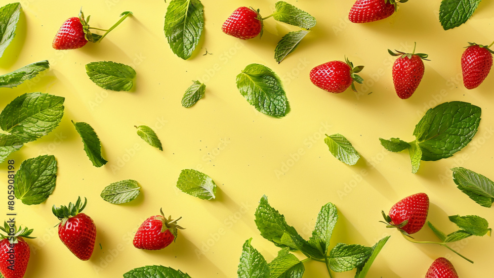 photograph of flying mint and strawberry leaves on a yellow background photograph of flying mint and strawberry leaves on a yellow background