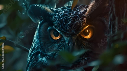 A mysterious owl camouflaged among the leaves, its intense orange eyes piercing through the foliage
