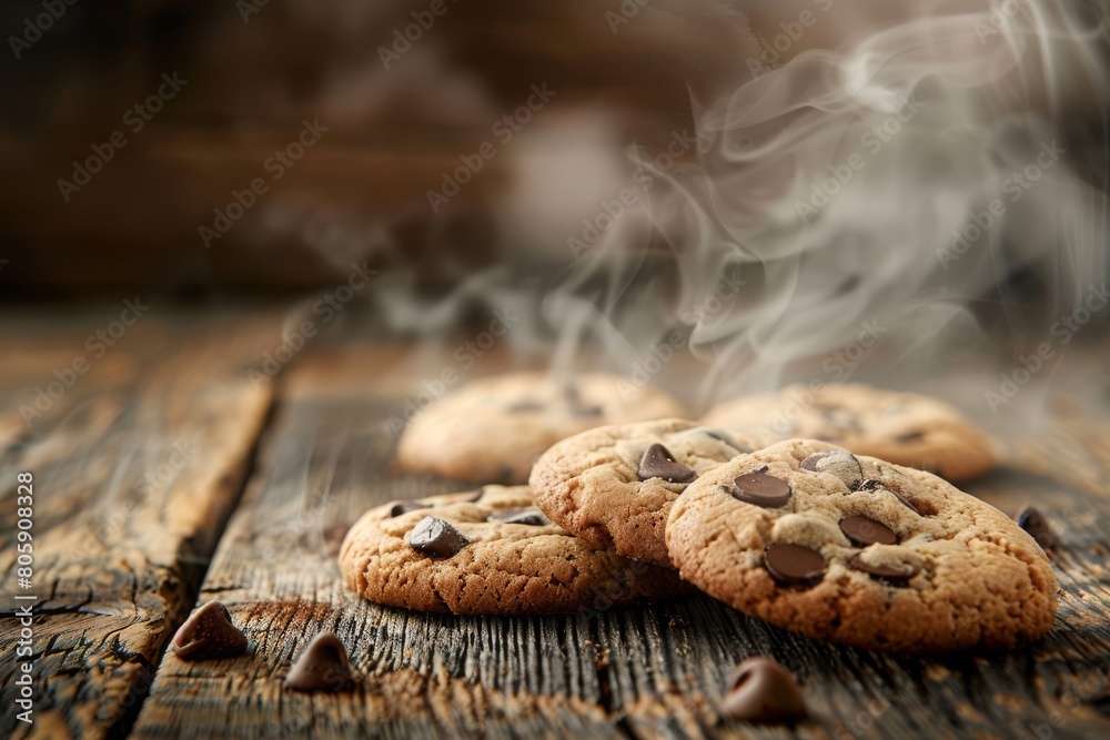 Freshly baked chewy chocolate chip cookies cooling on a rustic wooden table Freshly baked chewy chocolate chip cookies cooling on a rustic wooden table