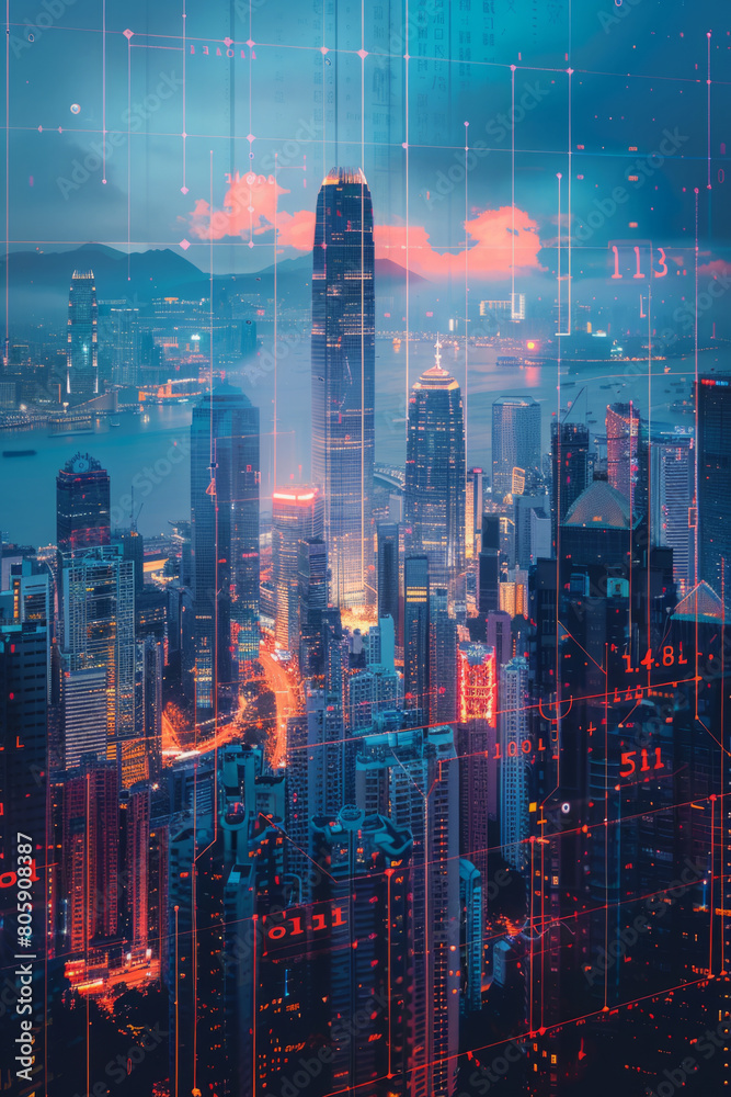 Urban landscape intertwined with financial data charts in a captivating double exposure image.