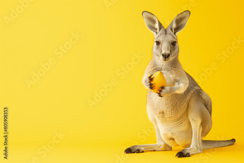 Happy marsupial kangaroo holding yellow object in paws on yellow background. Copy Space. Generative AI