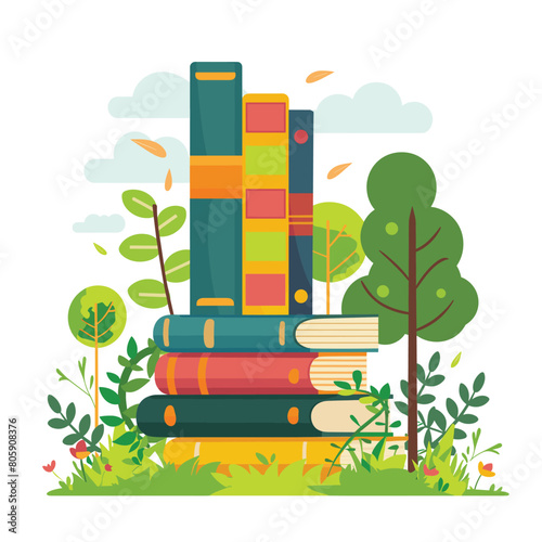 Stack colorful books outdoors nature setting trees grass educational reading concept. Brightly colored spines pages outdoor learning environment study amidst greenery. Literature amidst foliage photo