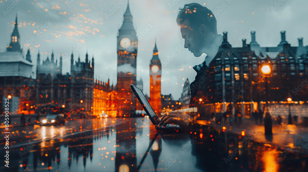 Fototapeta premium Double exposure of success businessman working in office with digital tablet laptop computer with London building and smart phone,filter effect.
