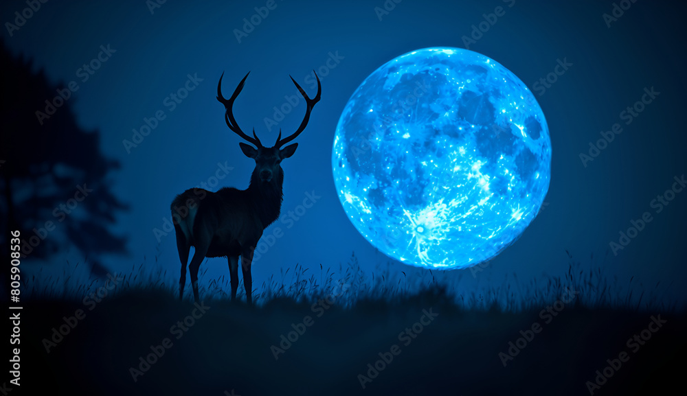 Silhouette of a deer with blue full moon at night	
